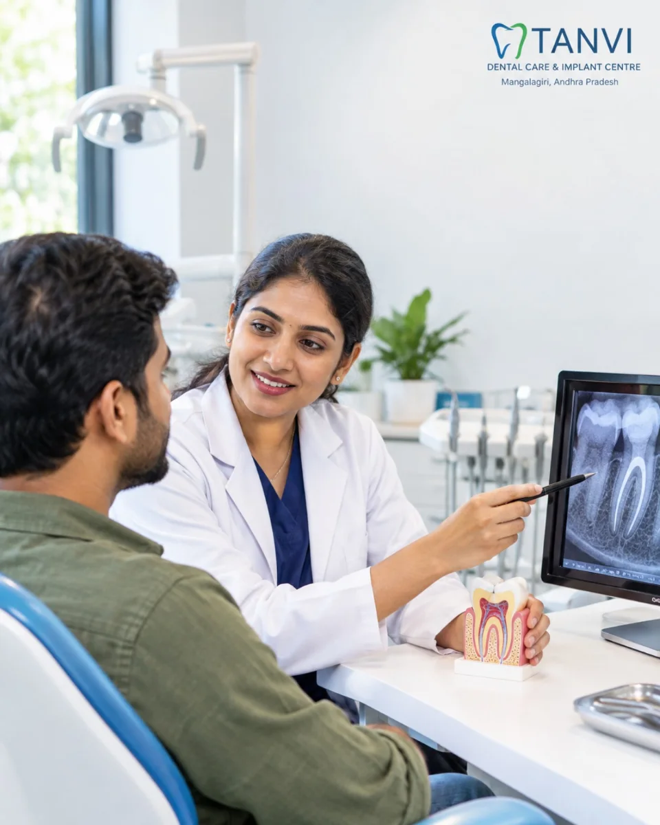 Adult patient discussing tooth pain with a dentist during a dental consultation